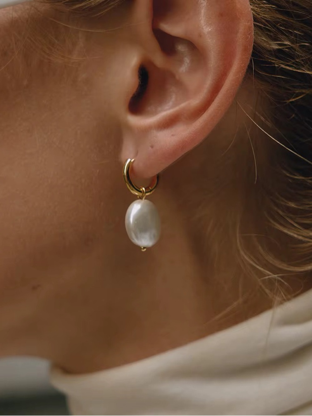 18K Gold Plated Flat Faux Pearl Hoop Earrings